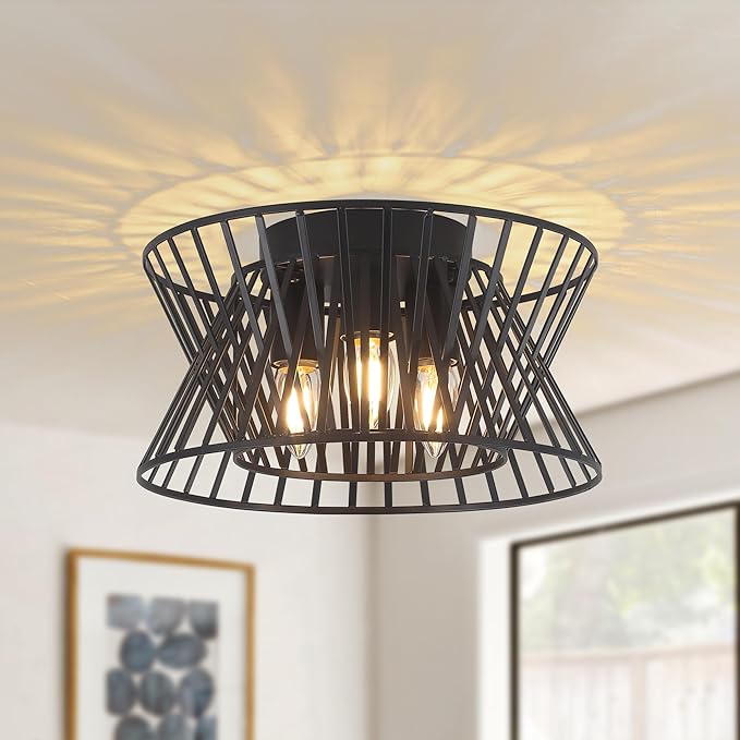 3-Lights Black Ceiling Light Vintage Geometric Chandelier Light Fixture Adjustable Metal Semi Flush Mount Lighting for Kitchen Room Dining Room Foyer-CasaMuseHome
