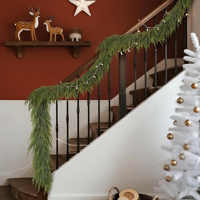 6FT Christmas Norfolk Pine Garland -2PCS, Artificial Pine Needles Garlands Faux Greenery Fake Garland for Holiday Fireplace,Table,Window,Stairs,Mante,Indoor Outdoor Decor-CasaMuseHome