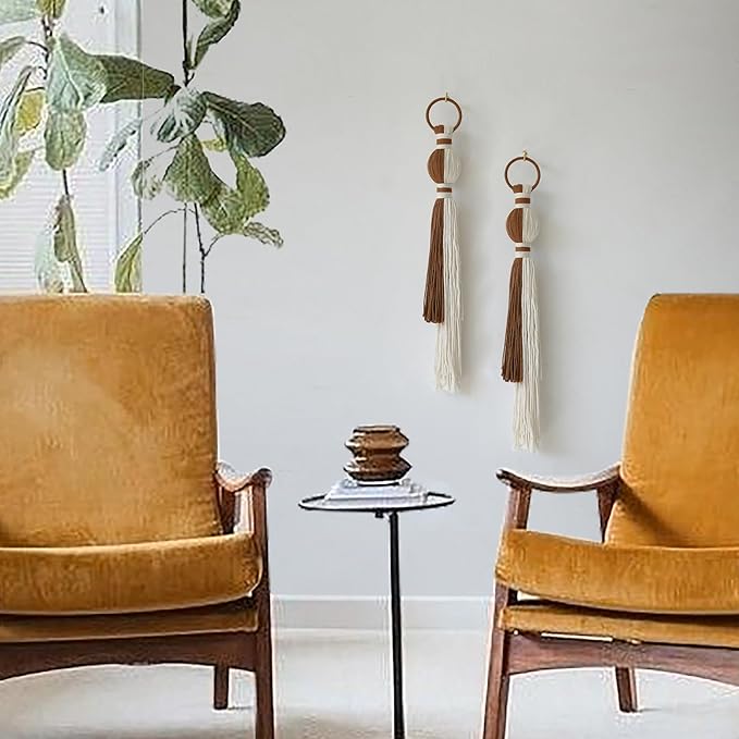 2Pcs Macrame Wall Hanging Boho Home Decor Fiber Art with Sphere Knots Tassels Handmade Yarn Art for Bedroom Living Room Office Entryway-CasaMuseHome