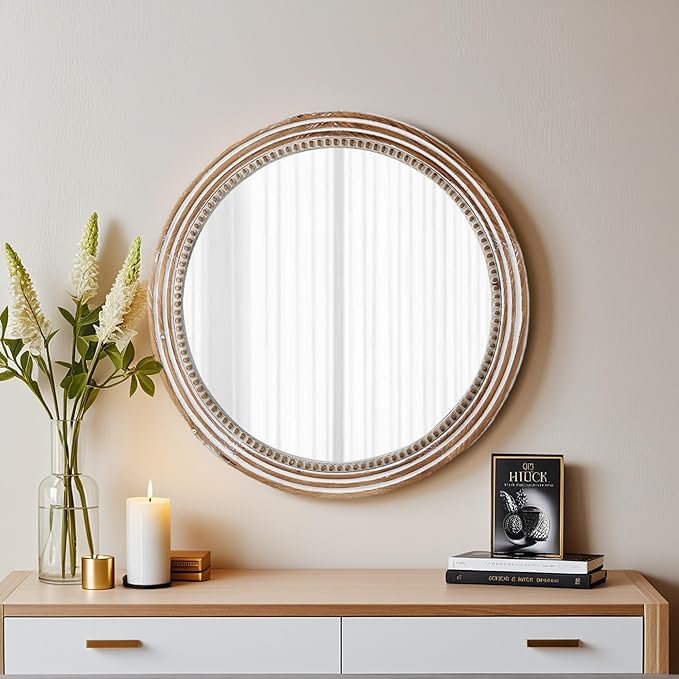 24 Inch Rustic Round Mirror - Farmhouse Vintage Bathroom Vanity Mirror, Wall-Mounted Round Mirrors for Bathroom Sink, Bedroom & Living Room and Framed Decorative Restroom Mirror-CasaMuseHome