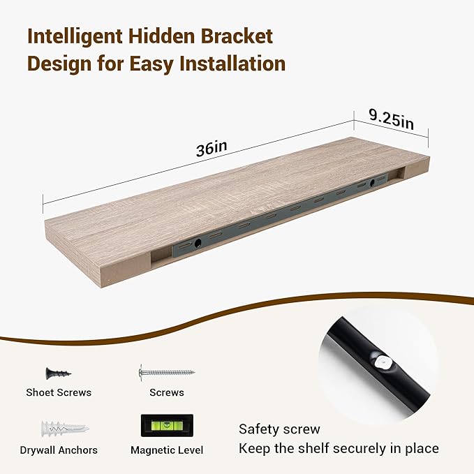 36 Inch Floating Shelves, 3D Textured Wood Grain, 36"x9.25"x1.5" Inch Deep Floating Shelves for Wall, Wooden Shelves for Bathroom, Bedroom, Living Room, Vintage White Oak-CasaMuseHome