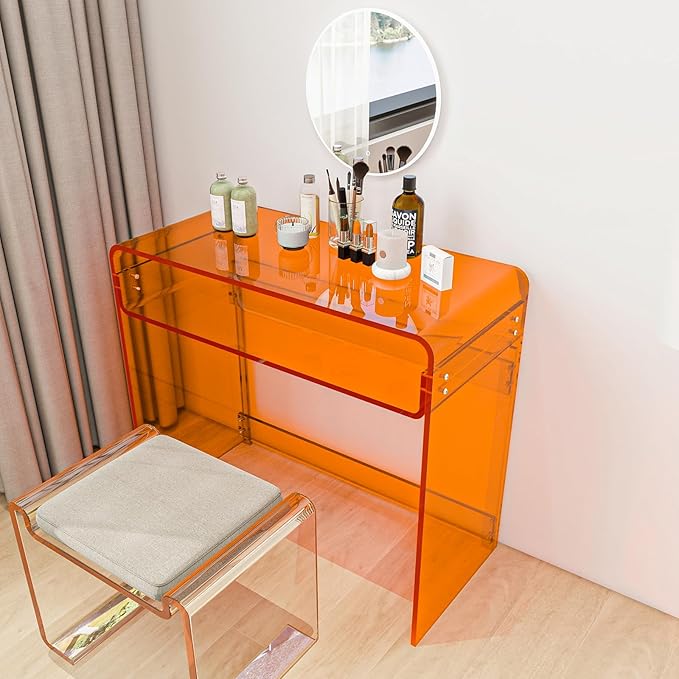 Acrylic Desk, Orange Table, Acrylic Console Table for Office, Study, Bedroom, Entrance Decor (15.5" D x 33.5" W x 29.3" H, Orange)-CasaMuseHome