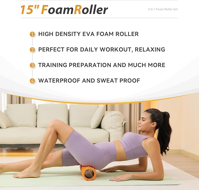 5 in1 Foam Roller Set, Trigger Point Foam Roller, Massage Roller Stick, Massage Ball, Resistance Band for Deep Muscle Massage Pilates Yoga,Fitness Exercise for Whole Body (Pure Orange)-CasaMuseHome