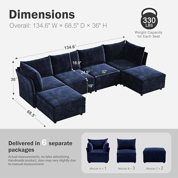134.6" Oversized Modular Sectional Sofa, 6 Seater U Shaped Couch with Storage Ottoman with Reversible Chaise Deep Seat for Living Room, Apartment - Chenille Blue-CasaMuseHome