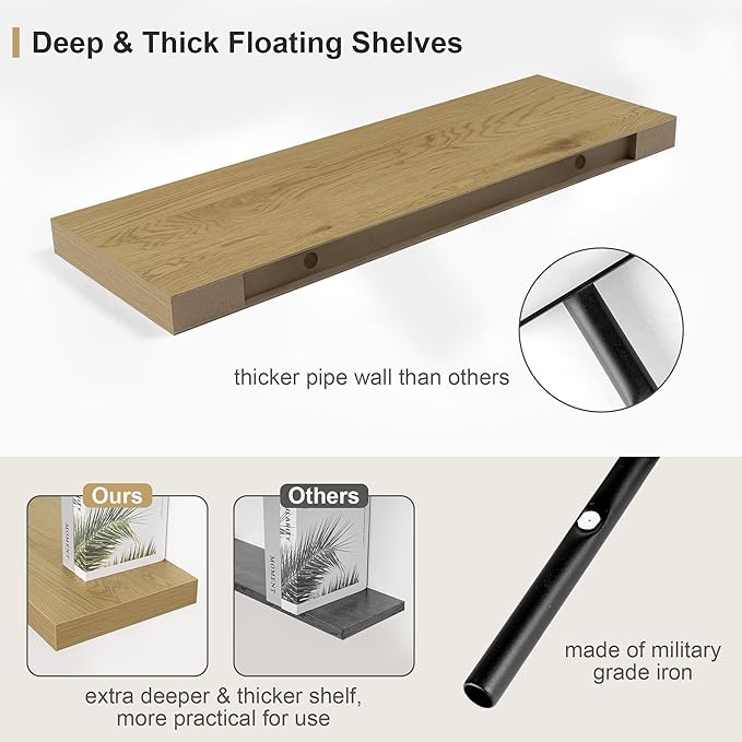 12" Deep Bathroom Floating Shelves for Wall Shelf Over Toilet Wall Mounted Farmhouse Long 55 inches Set of 1, Farmhouse Shelves with Invisible Brackets for Living Room, Kitchen, Bedroom,Oak-CasaMuseHome