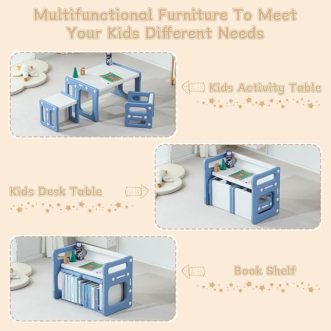 3 in 1 Montessori Weaning Table and 2 Chairs Set, Kids Activity Table Set, 2 Height Levels, Toddlers Activity Table for Drawing, Dining, Reading and Playing, Blue-CasaMuseHome