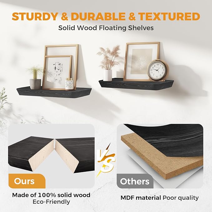 16"x6.8"x1.6" Slanted Floating Wall Shelves 2-Pack - Rustic Black Finish, Heavy-Duty Solid Wood Design with Hidden Brackets - Perfect for Living Room, Kitchen, Bathroom, or Office-CasaMuseHome