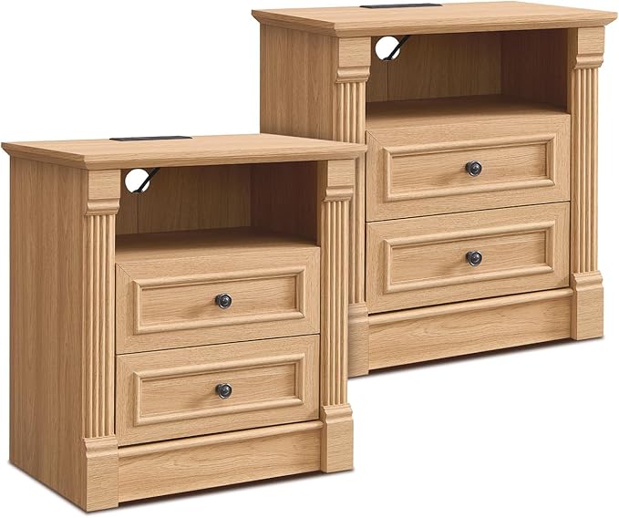 26" Tall Farmhouse Nightstand Set of 2, 2 Drawers End Table w/Charging Station, 23.6" Wide Large Side Tables w/Roman Column, Wood Rustic Sofa Tables w/Open Shelf, Bedside Table for Bedroom, Natrual-CasaMuseHome