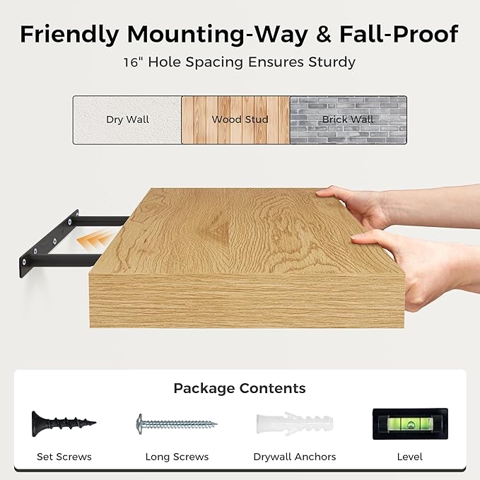 12 Inch Deep Floating Shelves, 16 x 12 Floating Shelf for Books, Rustic Wood Deep Wall Shelves for Home Storage & Display, 2" Thicked Shelves for Kitchen, Living Room, Bedroom, Oak Color, 2 Pack-CasaMuseHome