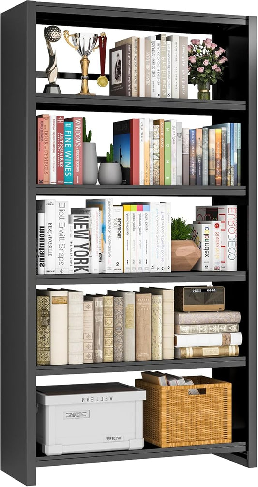 5 Tier Book Shelf, Metal Bookshelf, 69.3” Tall Black Bookcase, Free-Standing Industrial Bookshelves, Tools-Free Assembly Book Storage Organizer for Bedroom, Living Room, Office (Black)-CasaMuseHome