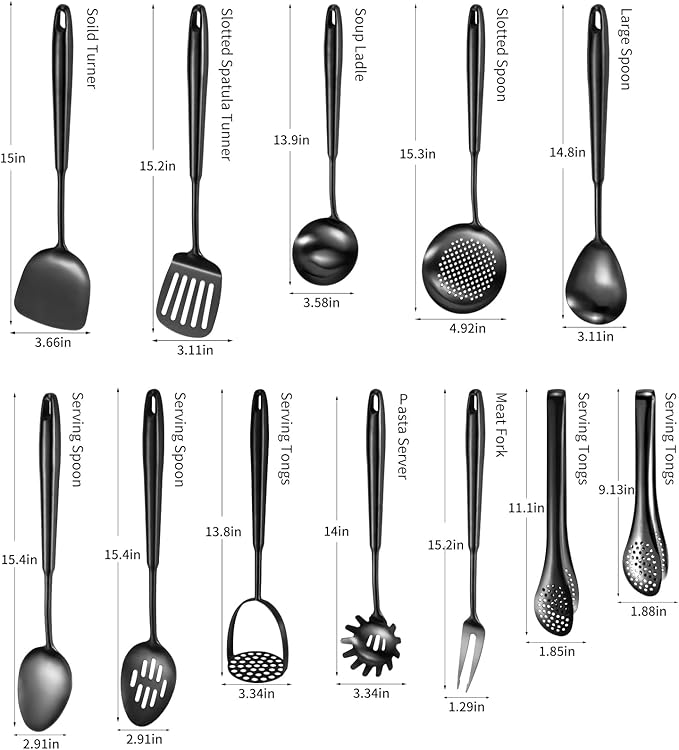 304 Stainlss Steel Matte Kitchen Utensils Set, 12 Pcs Long Metal Cooking Utensil Gadgets Tools Set with Spatula, Ladle, Spoon, Ladle, Skimmer, Tunner, Pasta Server, Tongs(Black, Dishwasher Safe)-CasaMuseHome