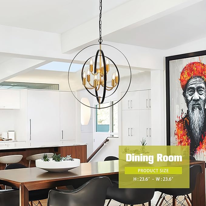 9-Light Globe Rustic Metal Chandelier, 23.6" Black Gold Adjustable Hanging Ceiling Pendant Light Fixture for Entryway Foyer Stairway Bedroom Dining Living Room Hallway-CasaMuseHome