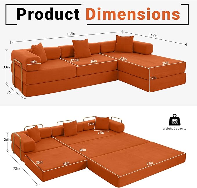 108" Oversized Convertible Sleeper Sofa Bed, Corduroy L Shape Sectional Couch, Folding Sofa Bed with Side Pocket, Modern Cloud Floor Mattress Couch, Modular Sofa for Living Room, Orange-CasaMuseHome