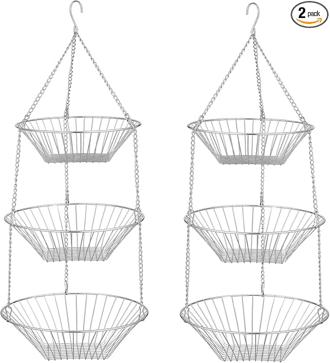 3-Tier Wire Fruit Hanging Basket 2 Packs, non-Punching Wall Hanging Storage, Kitchen Bathroom Organization Basket, Suitable for Bathroom, Kitchen, Closet, Garden, Chrome-CasaMuseHome