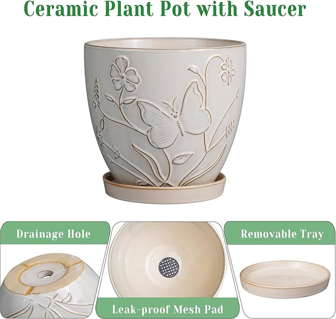 6 Inch Ceramic Plant Pot for Indoor Plants Outdoor Round Planter Flower Pot with Drainage Hole and Saucer for Home Garden Office Decor White-CasaMuseHome