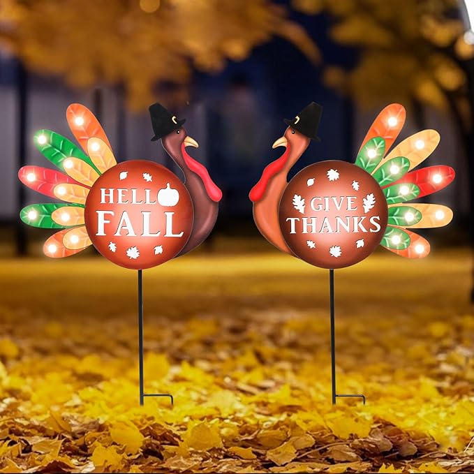 2 PCS Happy Fall Yard Signs Metal Thanksgiving Decorative Garden Stakes with Led Light Turkey Give Thanks Yard Stakes Fall Harvest Lawn Garden Lawn Pathway Decor-CasaMuseHome