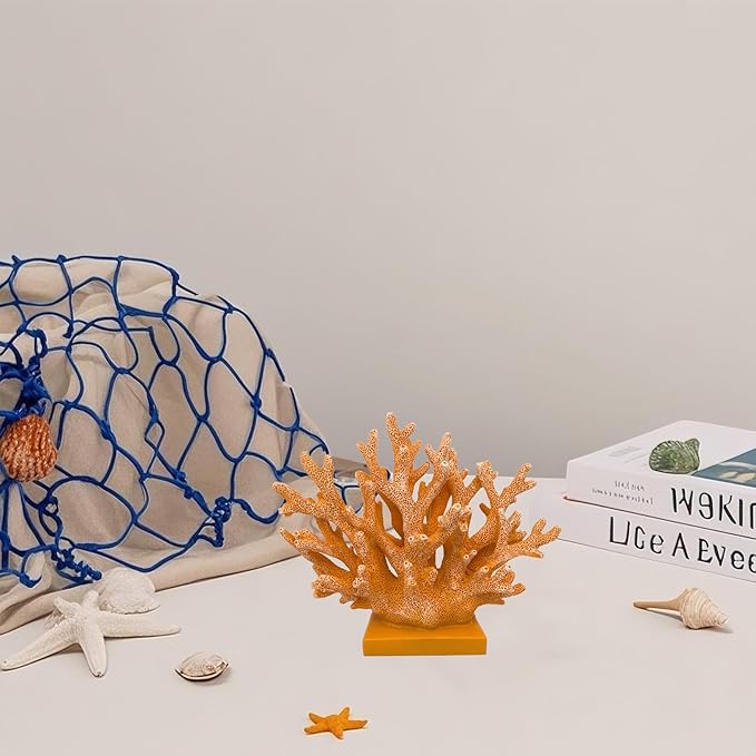 5.8" H Orange Coral Decor - Resin Coral Statue, Nautical Decor for Home, Bedroom, Bathroom, Living Room, Ocean Themed Cabinet Shelf Tabletop Decoration-CasaMuseHome