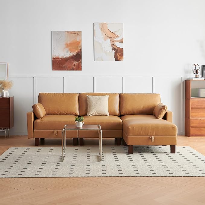 L Shape Modular Sofa, Faux Leather Sectional, 98'' 4 Seater Couch, Mid Century Modern Decor Couch, Office Sectional Sofa Bed, for House, Apartment, Living Room, Tan-CasaMuseHome