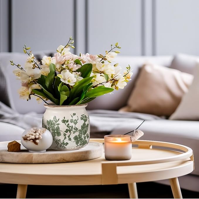 2 Pcs Vintage Planter Large Ceramic Plants Pot Beige Green Vintage Floral Ice Crack Cottage Scroll Vase Flower Vase Pot Indoor Plants Home Kitchen Decor Farmhouse Antique Decorative Gifts-CasaMuseHome