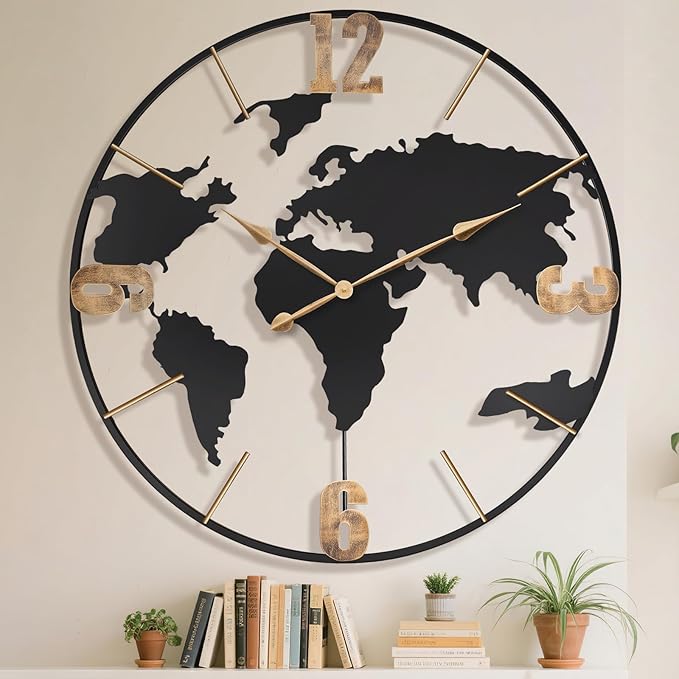 36 Inch Oversized Giant Extra Large Modern Decorative Metal World Map Wall Clock,Big Vintage Gold Arabic Numeral Wall Clocks for Living Room,Entryway,Office,Fireplace,Dining Room-CasaMuseHome