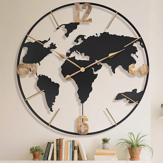36 Inch Oversized Giant Extra Large Modern Decorative Metal World Map Wall Clock,Big Vintage Gold Arabic Numeral Wall Clocks for Living Room,Entryway,Office,Fireplace,Dining Room-CasaMuseHome