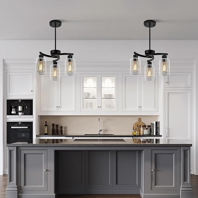 3-Light Modern Farmhouse Black Pendant Lights Kitchen Island, Adjustable Height Contemporary Chandeliers for Dining Room Light Fixture Hanging, Clear Glass Shade-CasaMuseHome