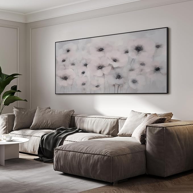 24"x46" Extra Large Framed Wall Art Soft White Poppies Watercolor Floral, Delicate Botanical for Home Living Room Bedroom Decor (Frame Assembly Required)-CasaMuseHome