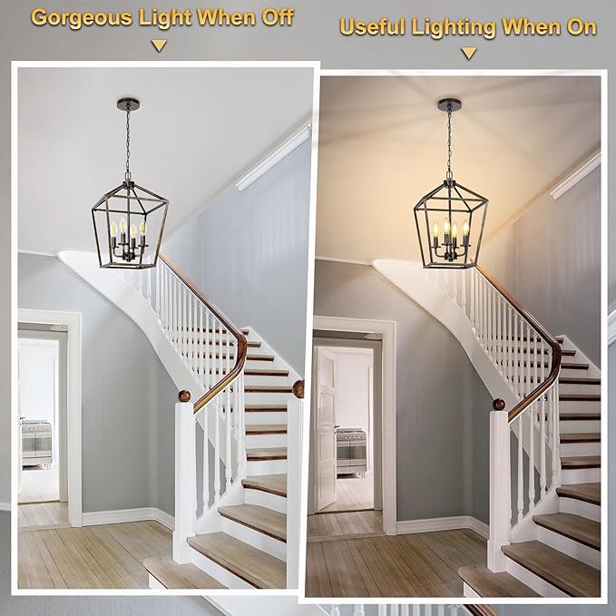 4 Light Chandelier Lighting, Industrial Ceiling Light Black Lantern with Brushed Gold, Geometric Metal Hanging Light Fixture with Adjustable Chain, E12 Base for Entryway Kitchen Island, Indoor Use-CasaMuseHome