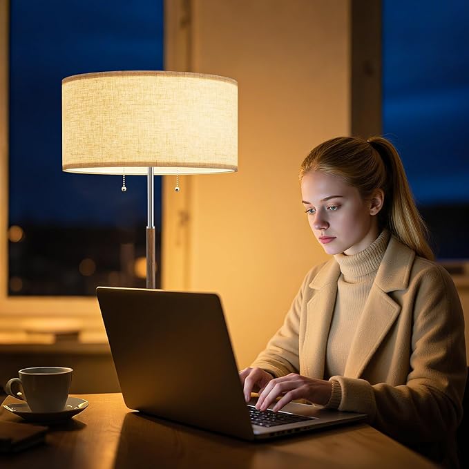 2-Light Floor Lamp, Mid Century Floor Lamp with Beige Lampshade, Standing Lamp Tall Lamp for Living Room Bedroom, 3 Color Temperatures 9W Bulb Include-CasaMuseHome