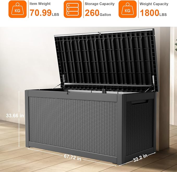 260 Gallon Resin Deck Box, Lockable Patio Outdoor Storage Box for Furniture, Garden Tools and Tools Storage, Waterproof Outside Storage Boxes - Black-CasaMuseHome
