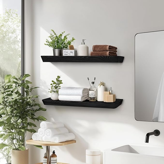 24"x6.8"x1.6" Slanted Floating Wall Shelves 2-Pack - Rustic Black Finish, Heavy-Duty Solid Wood Design with Hidden Brackets - Perfect for Living Room, Kitchen, Bathroom, or Office-CasaMuseHome