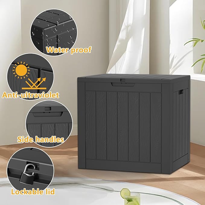 36 Gallon Outdoor Deck Box,Storage Lockable Waterproof Patio Furniture,Garden Tools,Cushions,Pool Accessories Outside Storage Resin Box(Black)-CasaMuseHome