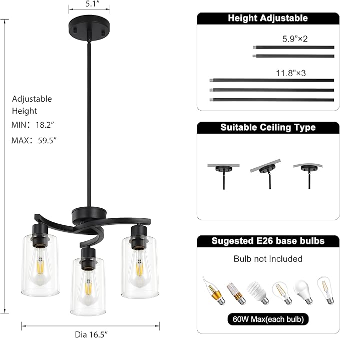 3 Light Modern Dining Chandeliers Over Table，Black Light Fixture for Dining Room，Farmhouse Chandelier with Glass Shade，Industrial Pendant Lighting for Kitchen Island，Foyer,Hallway, Bedroom-CasaMuseHome