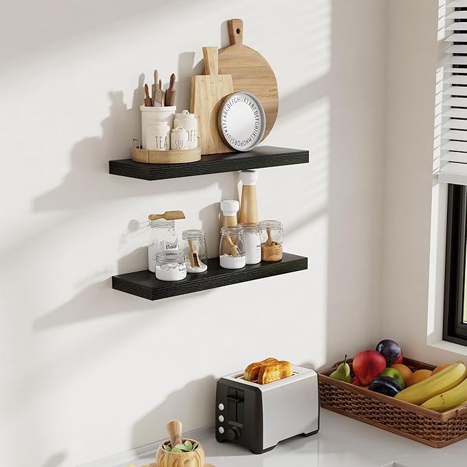 24 Inch Floating Shelves, 8 Inch Deep Floating Shelves for Wall, Hanging Shelf with Invisible Brackets, Deep Shelves for Bathroom, Bedroom, Living Room, Black, Set of 2-CasaMuseHome
