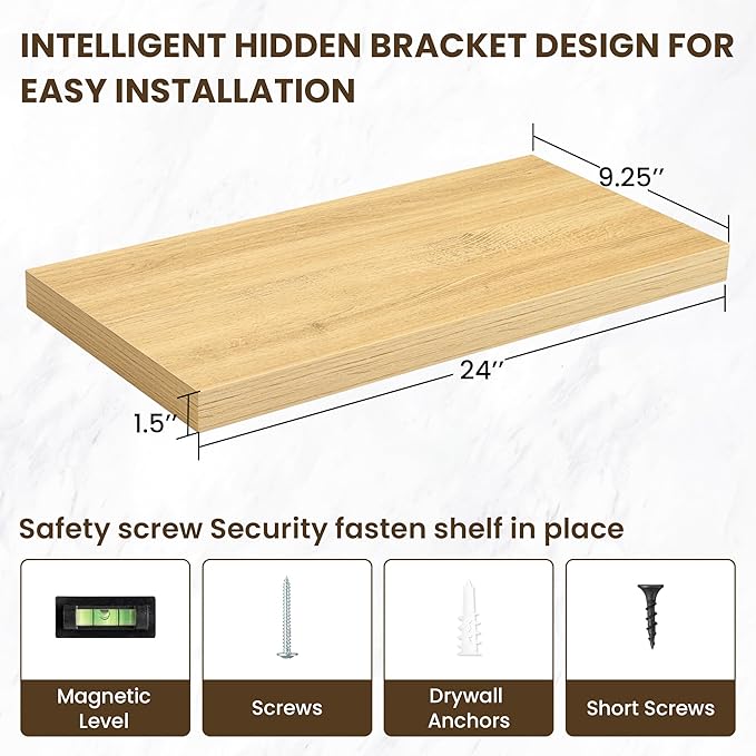 24 Inch Floating Shelves, 3D Textured Wood Grain, 24"x9.25"x1.5" Inch Deep Floating Shelves for Wall, Wooden Shelves for Bathroom, Bedroom, Living Room, Natural-CasaMuseHome