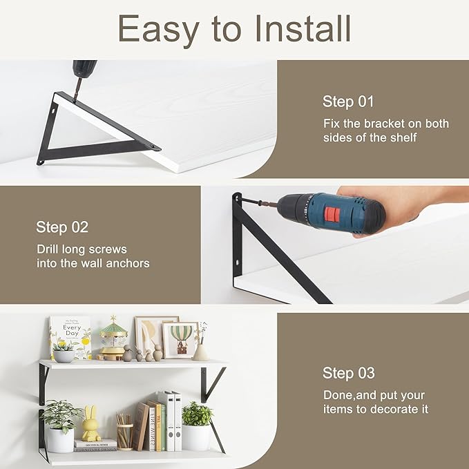 12 Inch Deep Floating Shelves, White Floating Shelves 48W x 12D, Deep Wall Shelves Bracket Set of 2, Large Display Hanging Floating Shelf for Bathroom, Living Room, Wide Storage Wooden Wall Shelf-CasaMuseHome