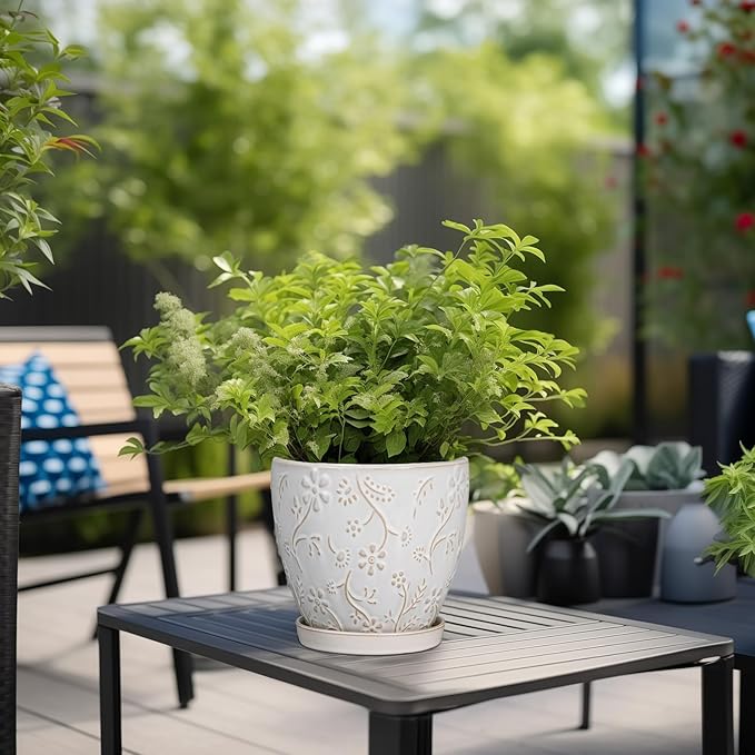 6 Inch Ceramic Plant Pot for Indoor Plants Outdoor Round Planter Flower Pot with Drainage Hole and Saucer for Home Garden Office Decor White-CasaMuseHome
