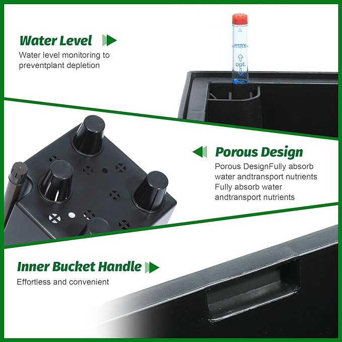 16" Tall Planters Set of 2, Outdoor＆Indoor Black Planter Pots, High Front Porch Planter Pots with Drainage Holes＆Water Level Monitor＆Inner Bucket, Automatic Watering,Black-CasaMuseHome