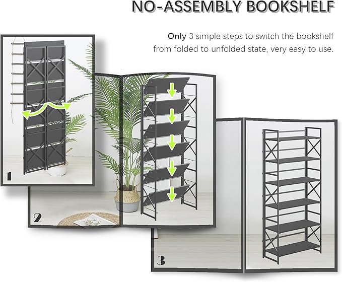 4NM 6 Tiers No Assembly Book Shelves, 61.8" H Folding Bookshelf Bookcase Open Industrial Foldable Shelves for Bedroom, Living Room, Home Office - All Black-CasaMuseHome