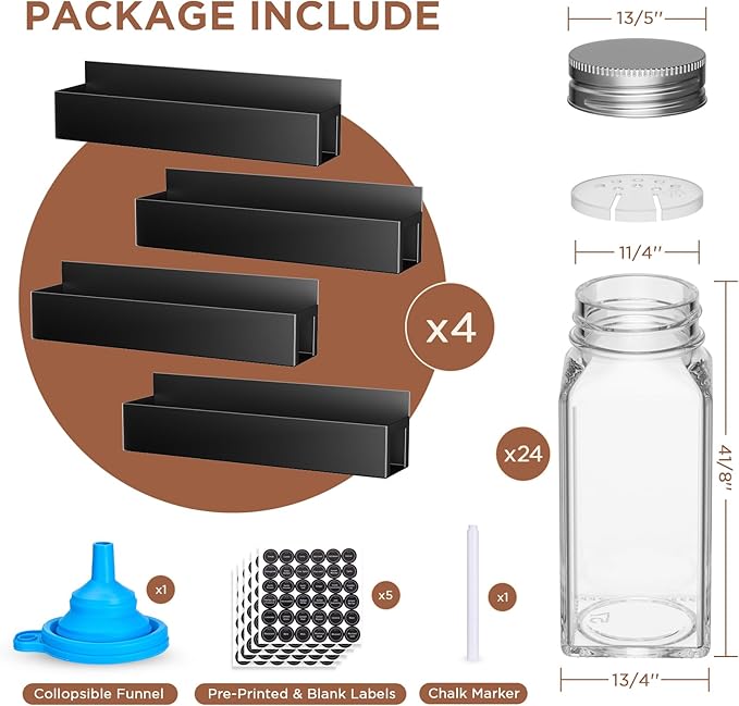 4 Pack Magnetic Spice Rack with 24 Spice Jars, Spice Labels, Chalk Marker and Funnel Set, Magnetic Spice Organizer Shelf for Refrigerator, Microwave, Seasoning Organizer for Kitchen-CasaMuseHome