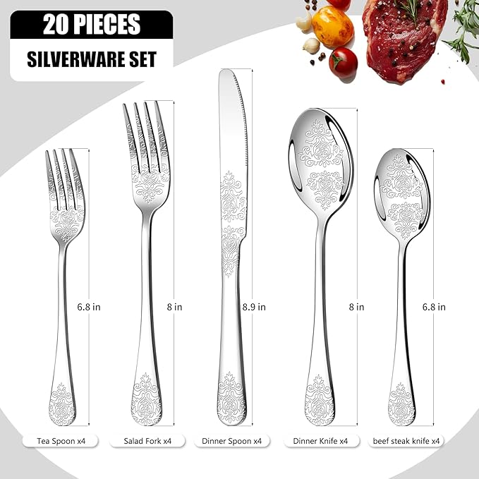20 Pcs Silverware Set for 4 with Classical Flower Embossed Design, Food Grade Stainless Steel Flatware Set, Eating Utensils Sets Include Fork/Knife/Spoon, Reusable Cutlery Set, Dishwasher Safe-CasaMuseHome