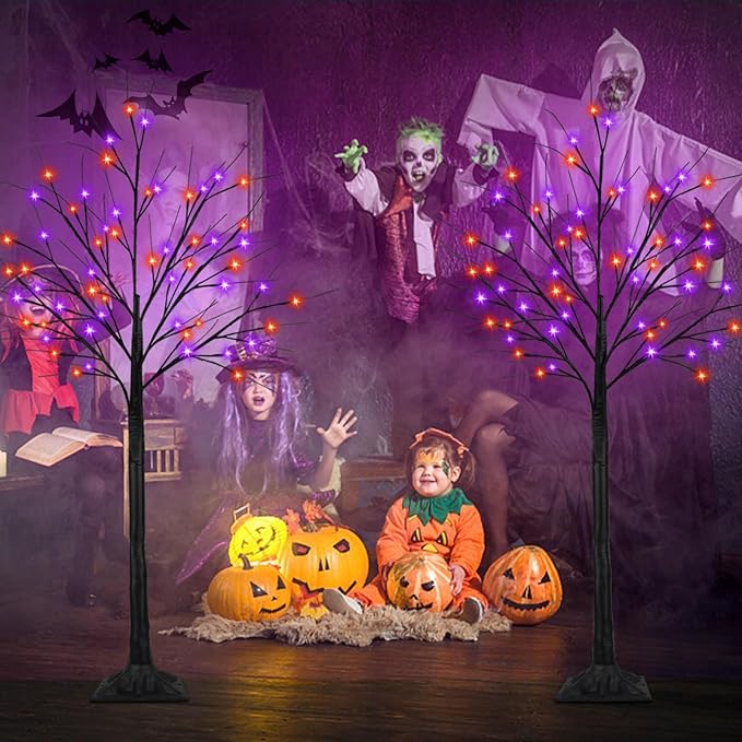 2Pack 5FT 200LED Black Halloween Tree Lights, Timer Function Lighted Black Trees with Purple and Orange Lights, Spooky Trees Light for Indoor Outdoor Halloween Decorations-CasaMuseHome