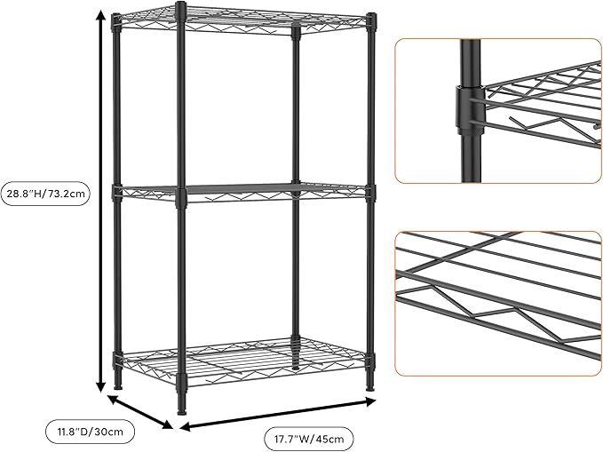3 Tiers Shelf Metal Storage Shelves Wire Rack Closet Organizers with Wheel for Garage Kitchen Bathroom Laundry Black 11.8" D x 17.7" W x 28.8" H-CasaMuseHome