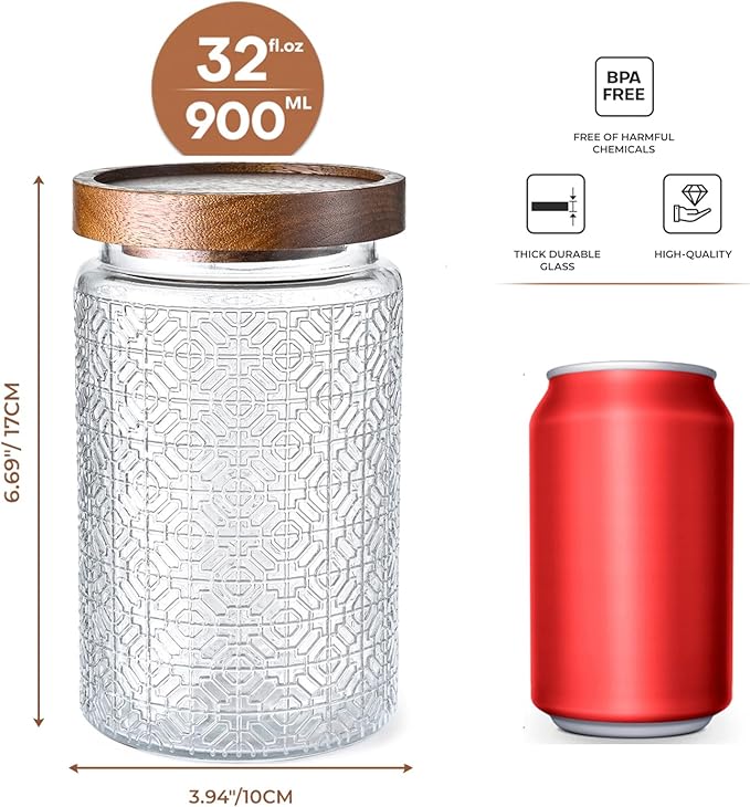 32oz Vintage Glass Jar With Lid, Glass Storage Containers, Airtight Kitchen Storage Containers For Sugar, Coffee, Tea, Spice, Flour, Candy Cookie, Pasta, Cereal, Cute Decorative Jars-CasaMuseHome