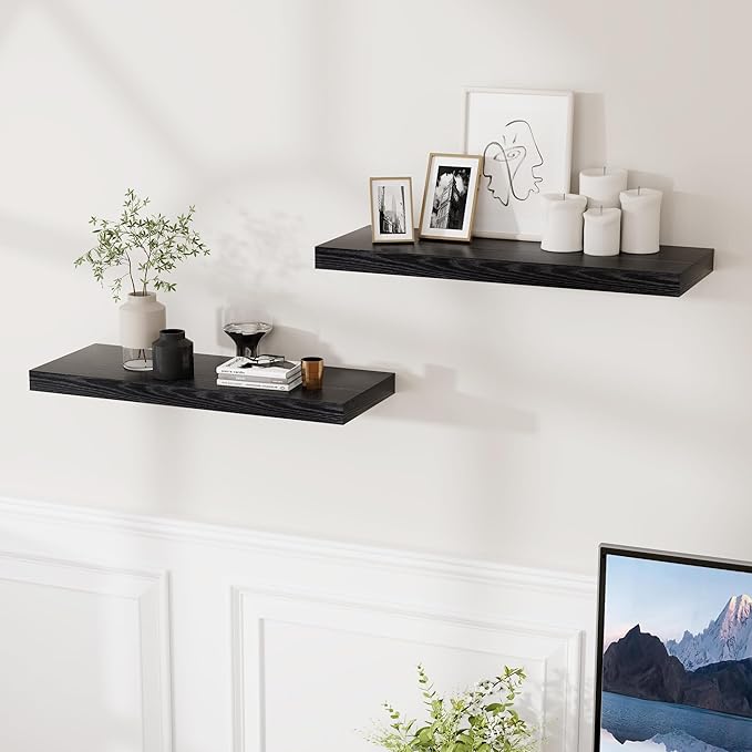 24 Inch Floating Shelves, Rustic 24 x 9 Black Floating Shelf for Wall, Black Bathroom Shelf Set of 2, Farmhouse Wood Wall Shelves for Bedroom, Kitchen, 9 Inch Deep Shelves for Home Storage-CasaMuseHome