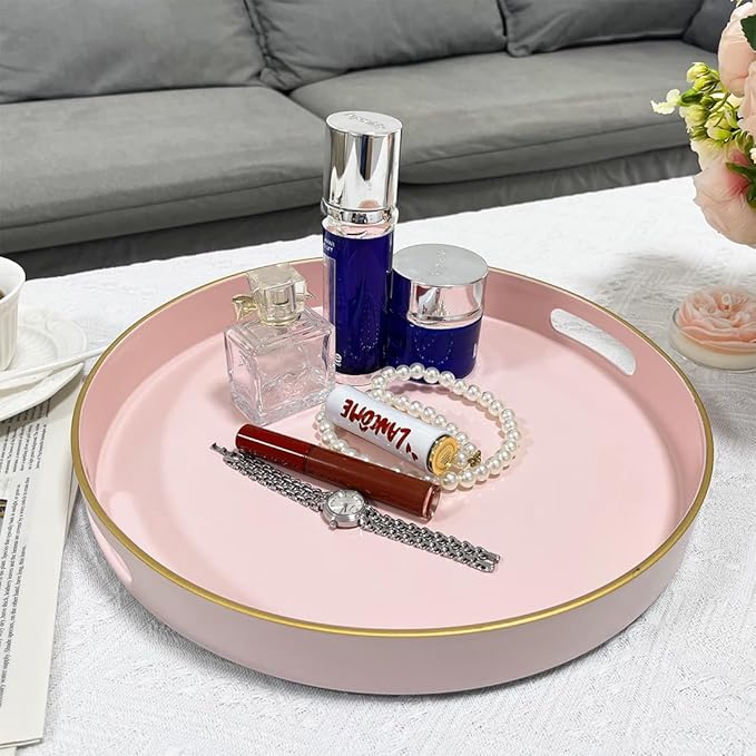 13" Pink Serving Tray with Handles,Round Decorative Tray for Coffee Table, Plastic Modern Coffee Table Tray for Ottoman, Living Room, Bathroom, Décor.-CasaMuseHome