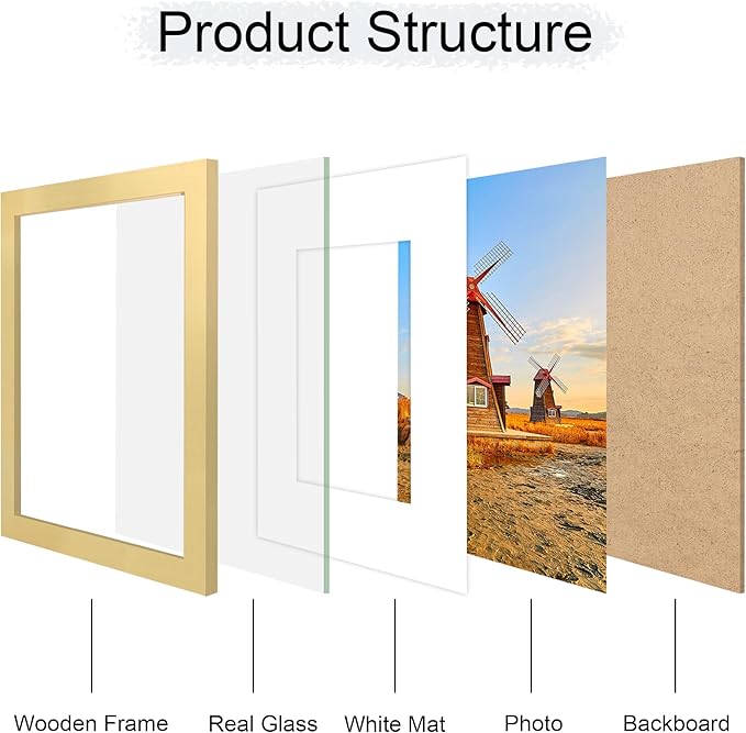 8x10 Picture Frame Set of 4, 8 x 10 Wood Photo Frames with Mat for 5x7, Wooden Frame with Real Glass Cover for Wall and Tabletop Display,Gold-CasaMuseHome