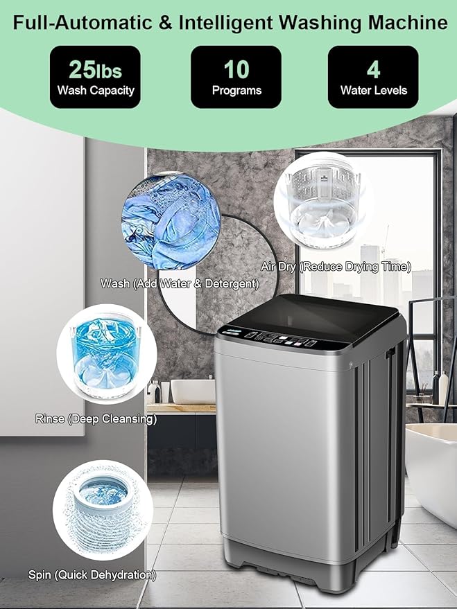 25 lbs Full Automatic Washing Machine with LED Display Compact Washing Machine with Drain Dump, 10 Wash Programs and 8 Water Levels Ideal for Dorms, Apartments, RV, Grey-CasaMuseHome