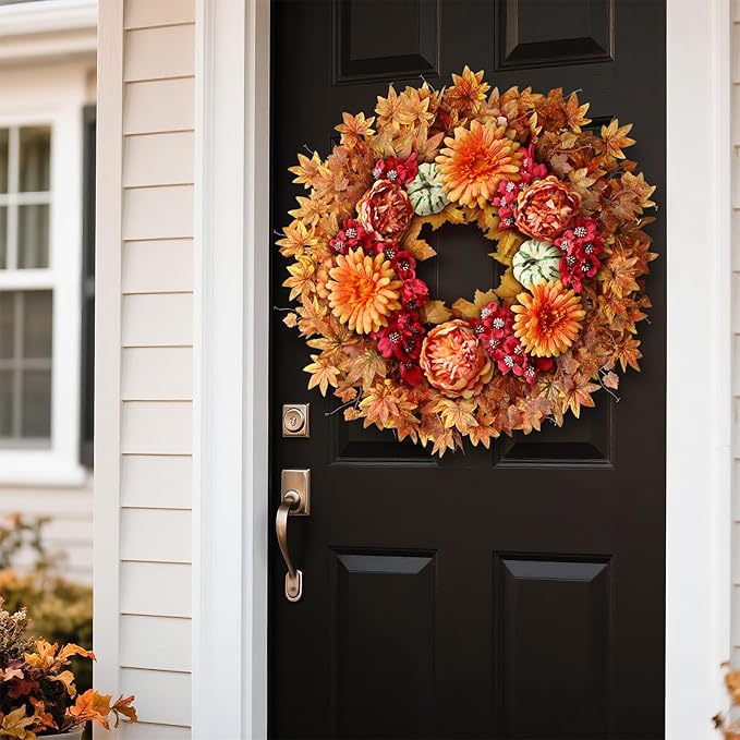 26" Fall Wreath for Front Door - Large Artificial Maple Leaves Fake Silk Peony Faux Pumpkin Outdoor Wreath for Porch, Window,Farmhouse,Home,Thanksgiving Day Harvest Festival Autumn Decor-CasaMuseHome