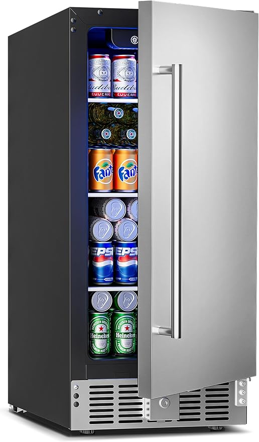 15 Inch Undercounter Beverage Refrigerator - 126 Cans Beverage Fridge with Stainless Steel Door for Beer Wine Soda - Built-in or Freestanding Wine Cooler for Home Kitchen Bar-CasaMuseHome